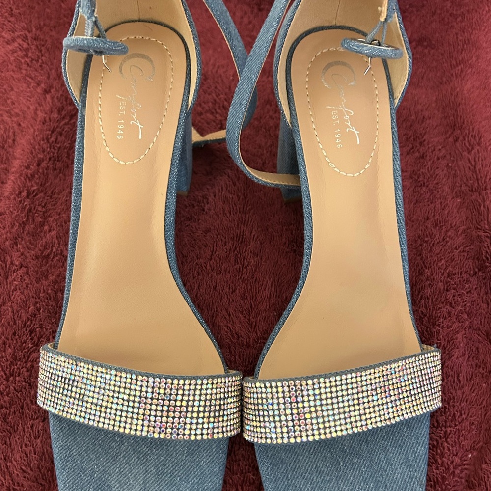 Comfort Plus Blue Heels with Rhinestone Strap